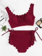 Romwe Lace Up Scalloped Top And Shorts Set