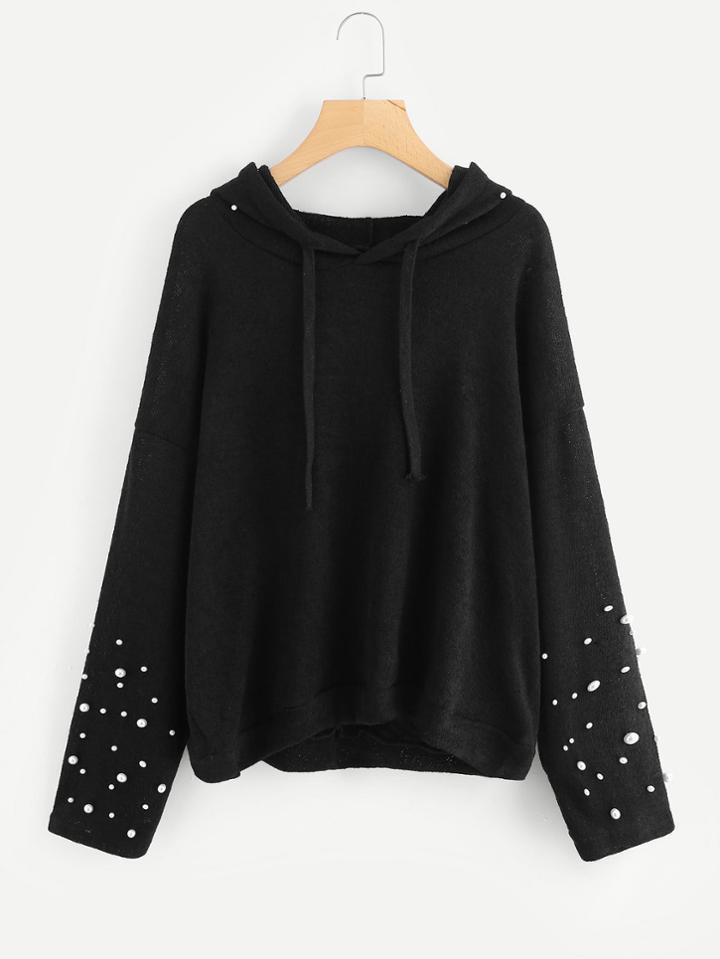 Romwe Pearl Beaded Drop Shoulder Hooded Sweater