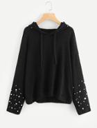 Romwe Pearl Beaded Drop Shoulder Hooded Sweater