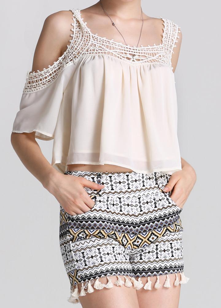 Romwe Open Shoulder Hollow Crop Apricot Top