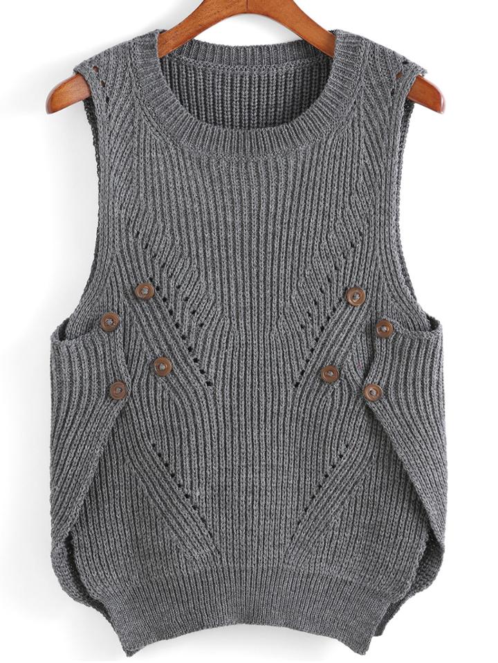 Romwe Dip Hem Slit Buttons Knit Tank Top