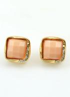 Romwe Pink Gemstone Gold Square Stud Earrings