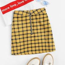 Romwe Tartan Plaid Zip Front Skirt