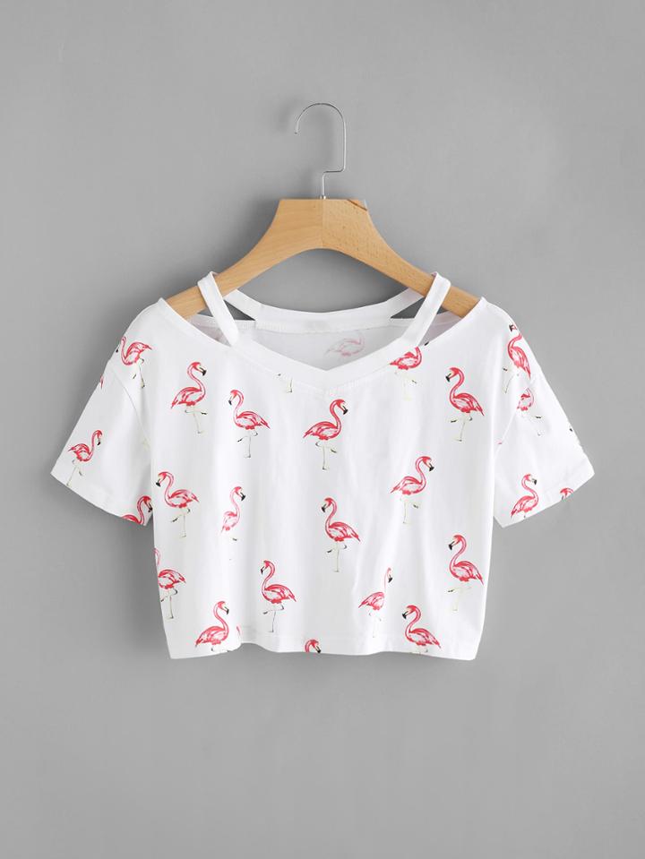 Romwe Cut Out Neck Flamingo Print Random Crop Tee