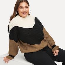 Romwe Plus Chevron Block Mock Neck Sweater