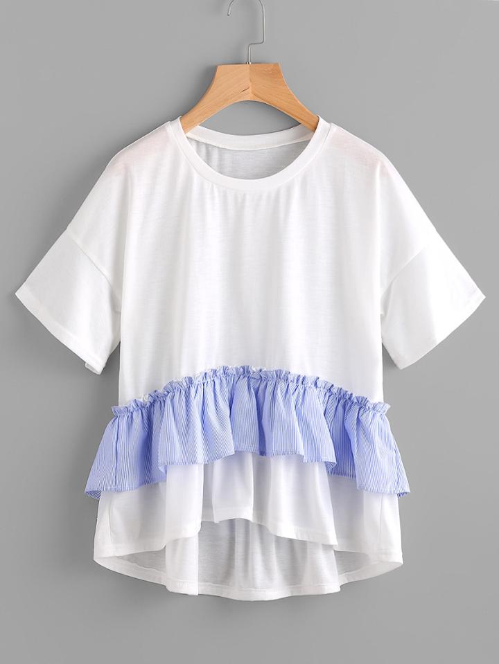 Romwe Contrast Frill Trim Drop Shoulder Dip Hem Tee