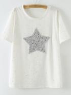 Romwe White Short Sleeve Sequined Star Patch Casual T-shirt