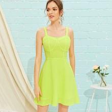 Romwe Neon Lime Shirred Back Fit & Flared Dress