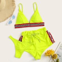 Romwe Neon Lime Striped Trim Bikini Set With Shorts 3pack