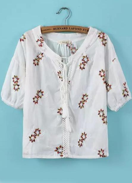 Romwe Lace Up Embroidered Top
