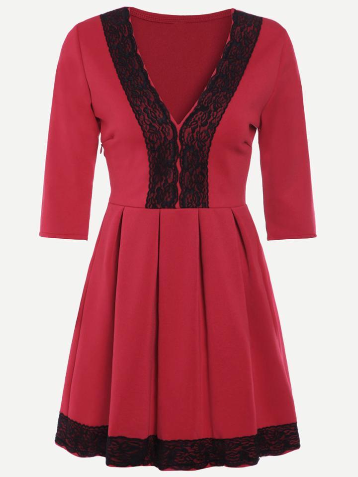 Romwe Red Contrast Lace V Neck Pleated Dress