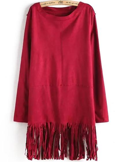 Romwe Round Neck Tassel Burgundy Dress
