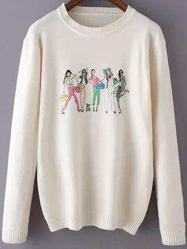 Romwe Round Neck Cartton Print Apricot Sweater