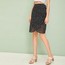 Romwe Confetti Print Wrap Self Tie Skirt