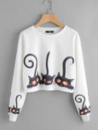 Romwe Drop Shoulder Cartoon Cat Print Sweatshirt