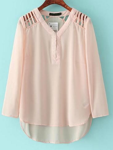 Romwe Apricot V Neck Hollow Dip Hem Blouse