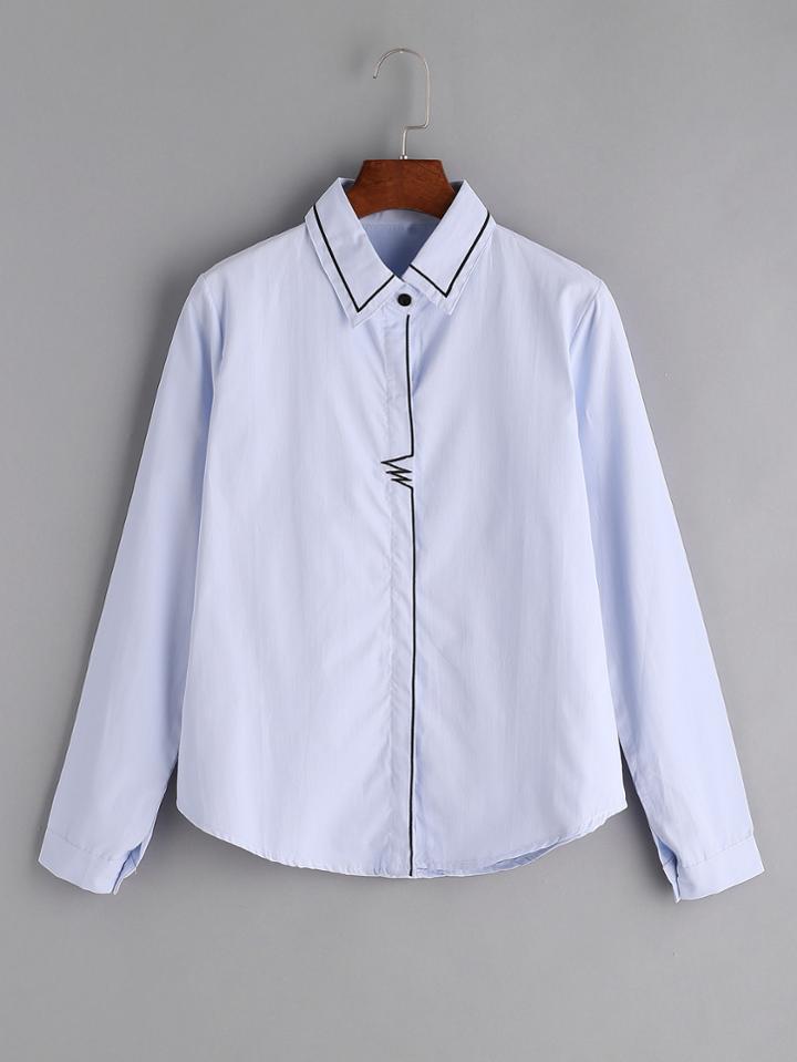 Romwe Blue Embroidered Trim Detail Shirt