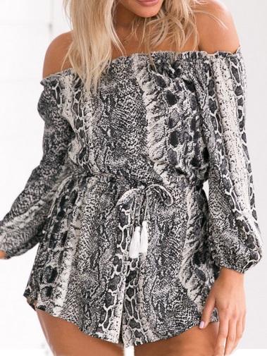 Romwe Black Snake Print Off The Shoulder Tie Waist Romper