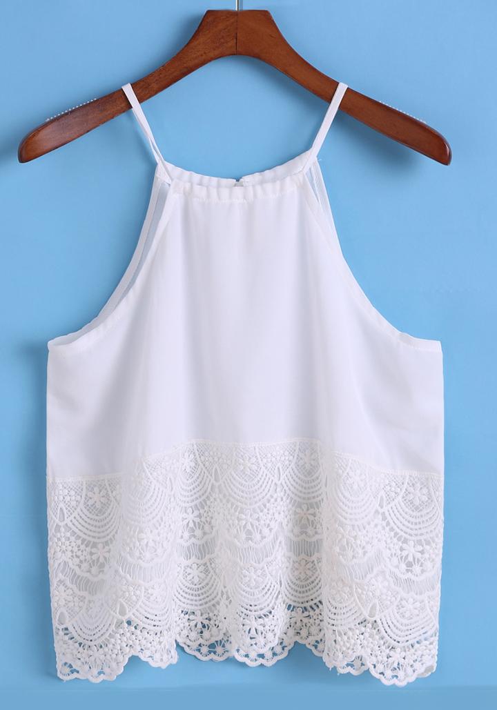 Romwe Spaghetti Strap Lace Chiffon White Cami Top