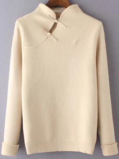Romwe Chinese Style Buckle Apricot Knitwear