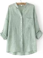 Romwe Green Stand Collar Pocket Loose Blouse