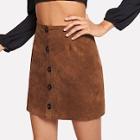Romwe Suede Single Breasted Solid Skirt