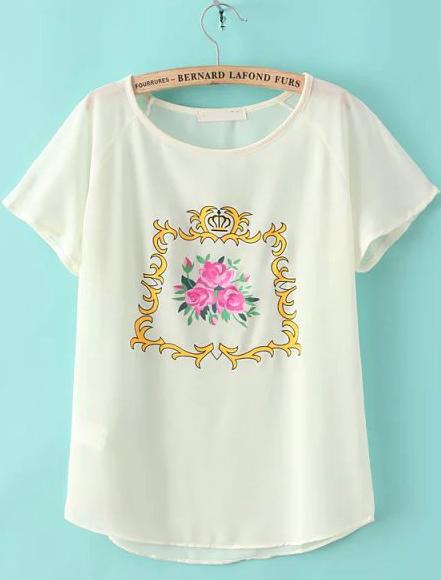Romwe Round Neck Flower Print Chiffon Loose Beige T-shirt