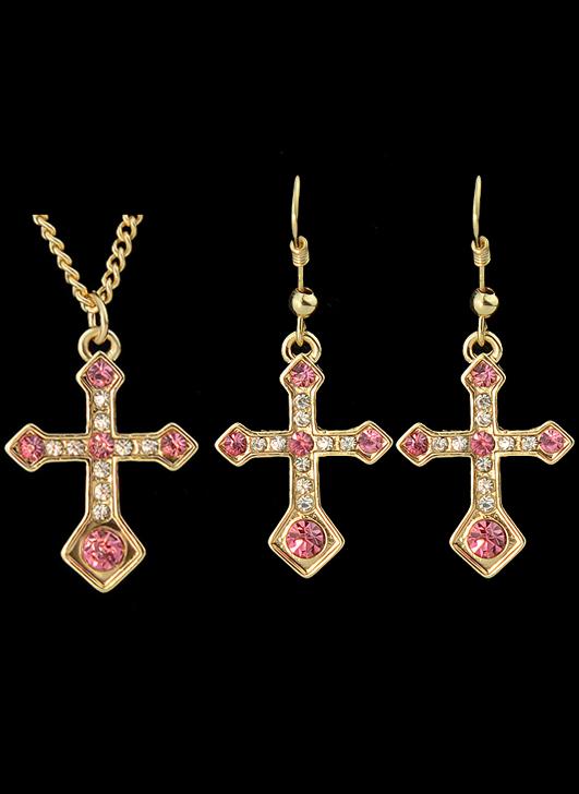 Romwe Red Diamond Gold Cross Necklace With Earrings