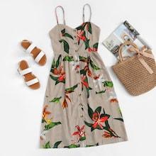 Romwe Floral Print Single Breasted Striped Cami Dress