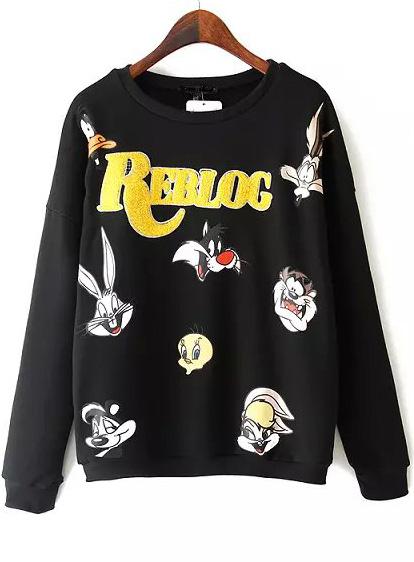 Romwe Carton Embroidered Black Sweatshirt