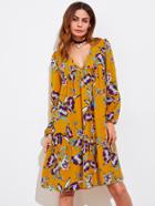 Romwe All Over Florals V-neckline Tiered Peasant Dress