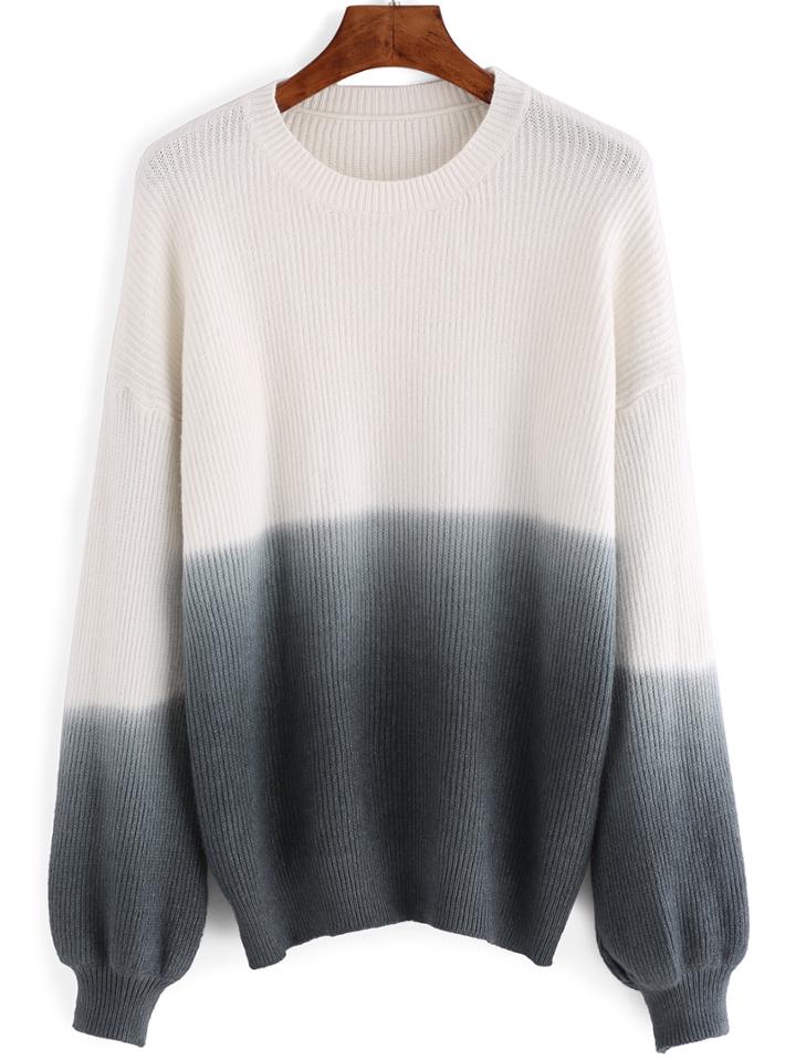 Romwe Dropped Shoulder Seam Ombre Ribbed Grey Sweater
