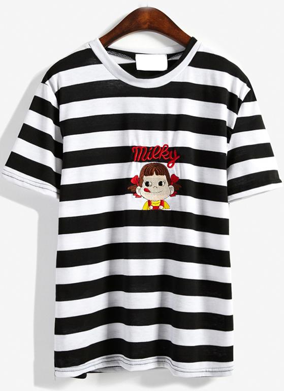 Romwe Cartoon Letter Embroidered T-shirt