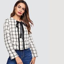 Romwe Frilled Trim Bow Detail Grid Tweed Coat