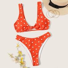 Romwe Polka Dot Knot Front Top With High Leg Bikini