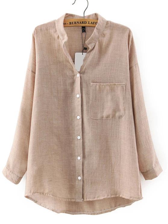 Romwe Beige Stand Collar Pockets Loose Blouse