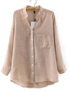 Romwe Beige Stand Collar Pockets Loose Blouse