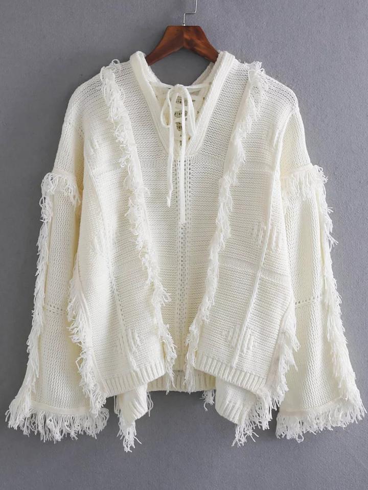 Romwe White Tie V Neck Fringe Trim Dip Hem Sweater