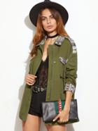 Romwe Olive Green Tribal Patch Zip Up Utility Jacket