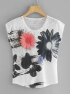 Romwe Ink Print Cap Sleeve Tee