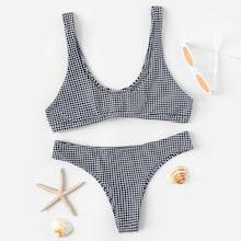 Romwe Gingham Scoop Neck Top With Cheeky Bikini Set