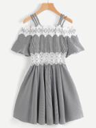 Romwe Open Shoulder Trumpet Sleeve Pinstriped Contrast Lace Dress