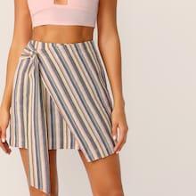 Romwe Tie Side Wrap Striped Skirt