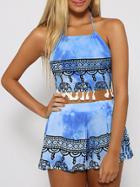 Romwe Halter Tassel Geometric Print Top With Shorts