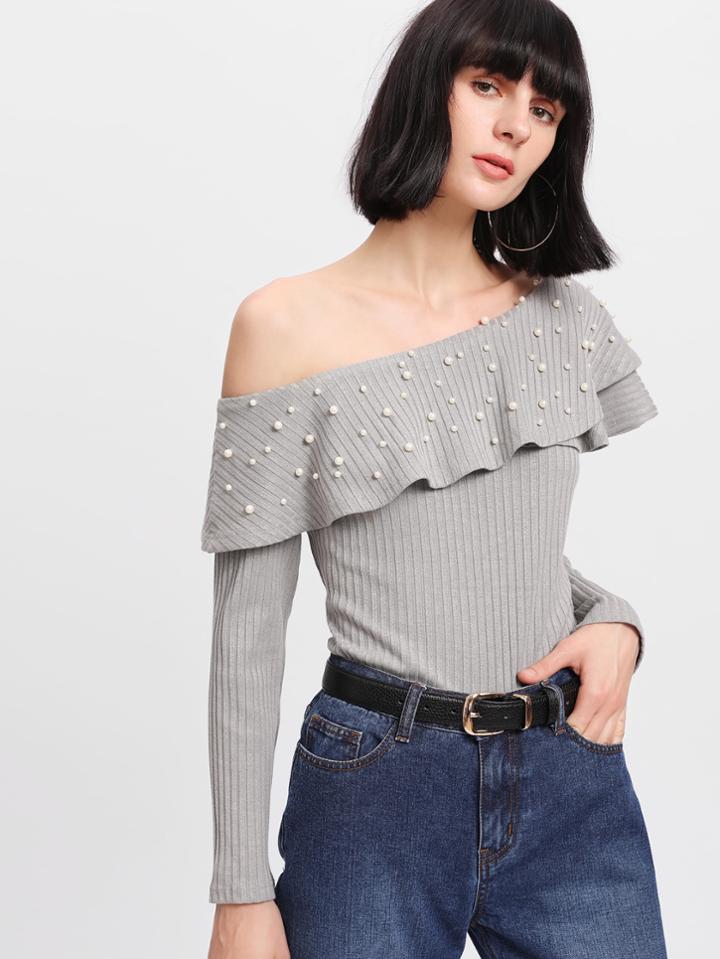 Romwe Pearl Embellished Flounce Neck Tee