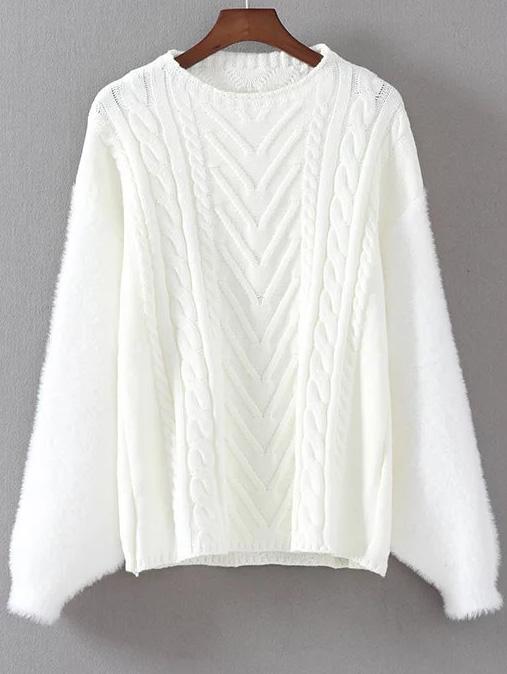 Romwe White Cable Knit Drop Shoulder Mohair Sweater