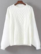 Romwe White Cable Knit Drop Shoulder Mohair Sweater