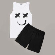 Romwe Guys Smile Print Tank Top & Shorts Pj Set