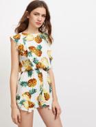 Romwe Pineapple Print Flutter Sleeve Split Back Blouson Romper
