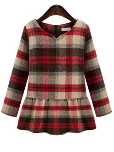 Romwe Coffee V Neck Plaid Ruffle Dress